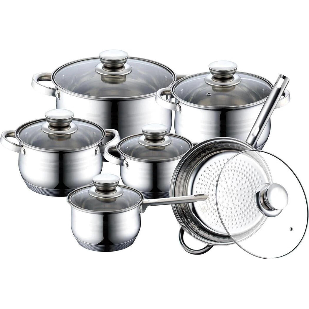 Batería de Cocina Ollas 12 Piezas en Acero Inoxidable con Tapas Apta para Todo Tipo de Cocinas