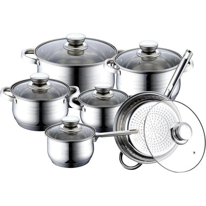 Batería de Cocina Ollas 12 Piezas en Acero Inoxidable con Tapas Apta para Todo Tipo de Cocinas
