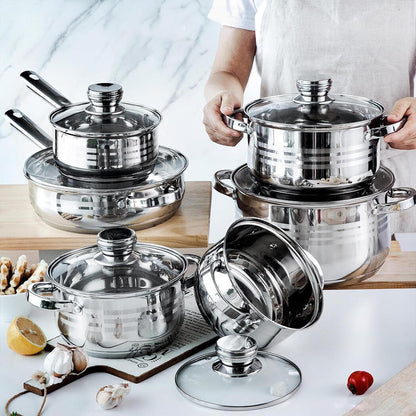 Batería de Cocina Ollas 12 Piezas en Acero Inoxidable con Tapas Apta para Todo Tipo de Cocinas
