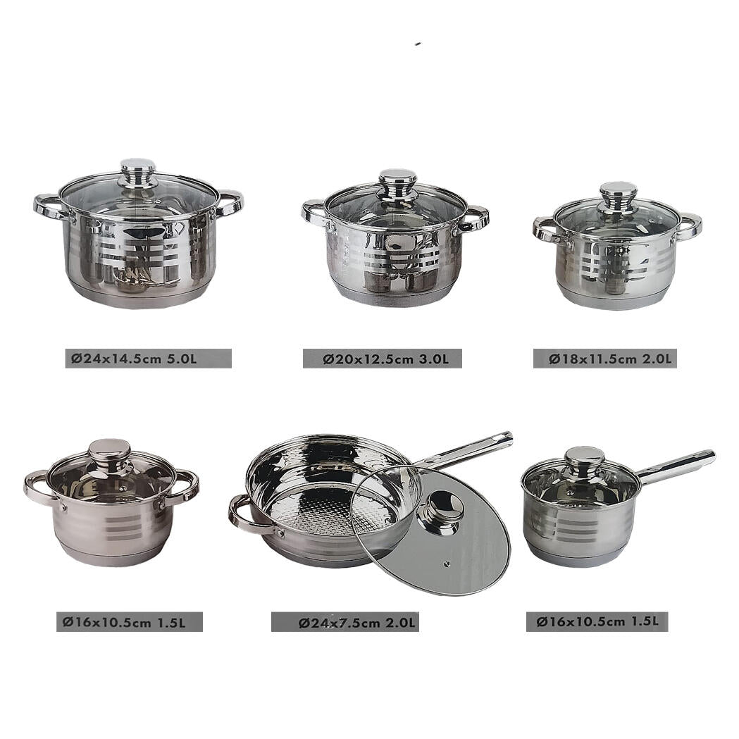 Batería de Cocina Ollas 12 Piezas en Acero Inoxidable con Tapas Apta para Todo Tipo de Cocinas
