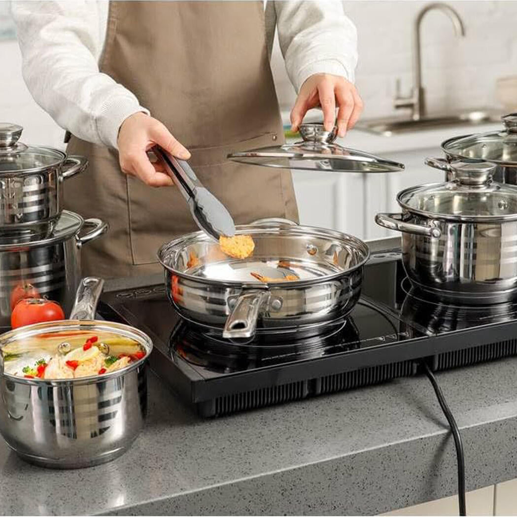 Batería de Cocina Ollas 12 Piezas en Acero Inoxidable con Tapas Apta para Todo Tipo de Cocinas
